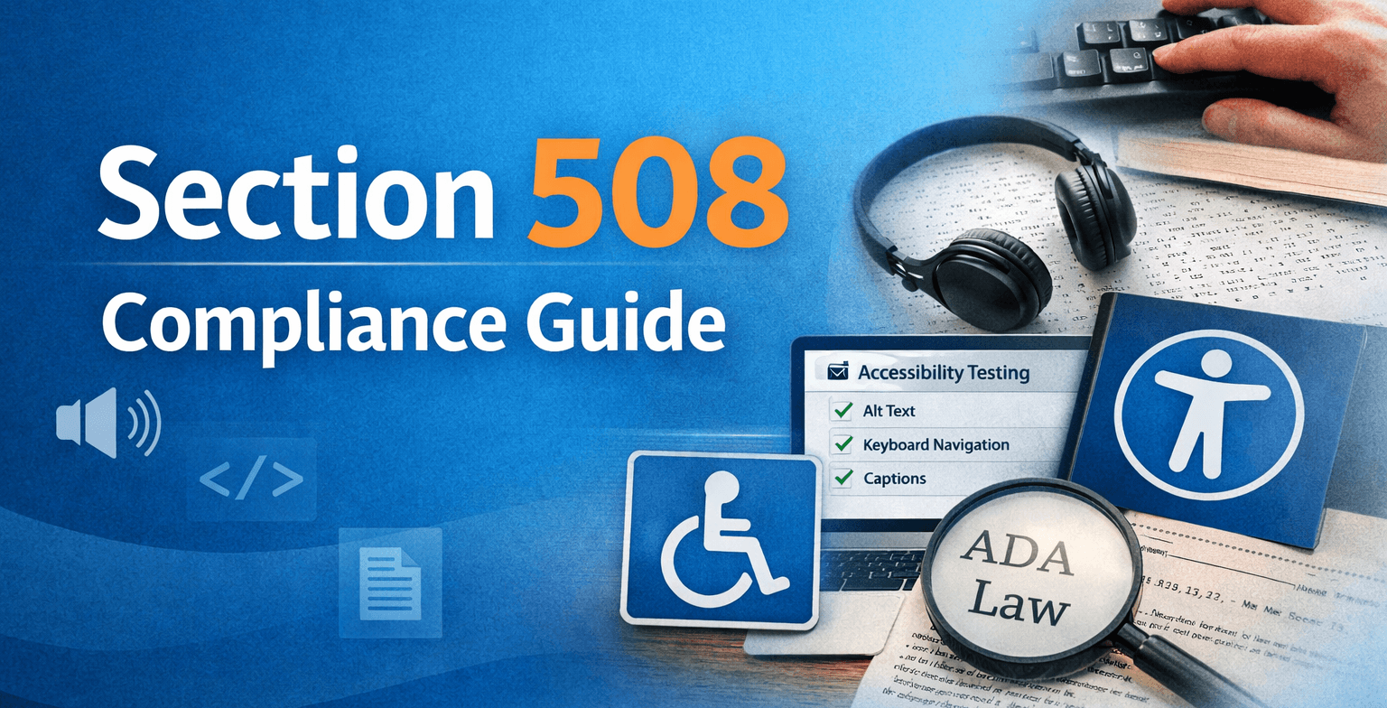 Section 508 Compliance Guide — accessibility icons, ADA law document, wheelchair symbol, headphones, and an accessibility testing checklist